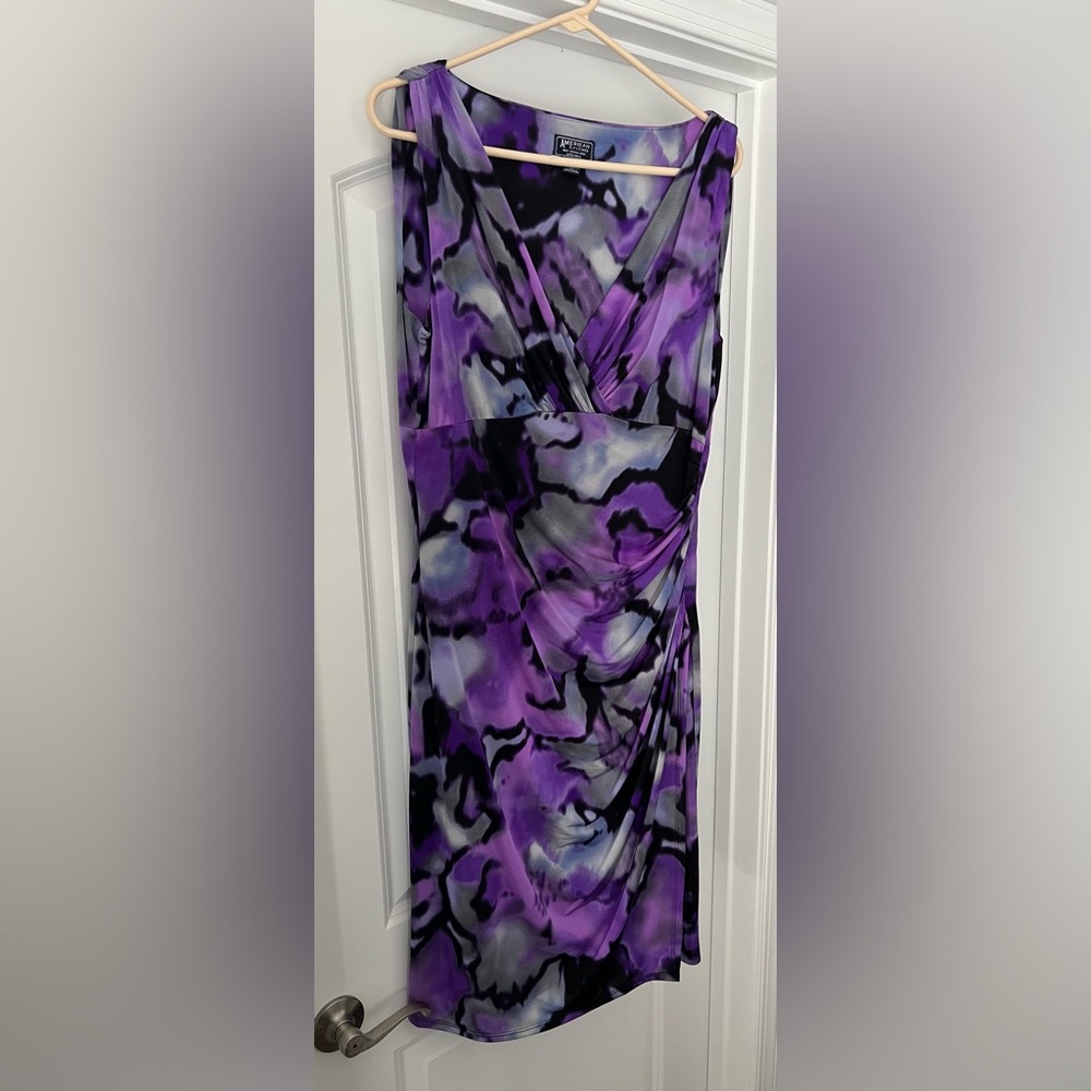 Purple Watercolor Ruched Faux Wrap Dress Sz 16 Y2K Fairy Grunge Whimsigo…